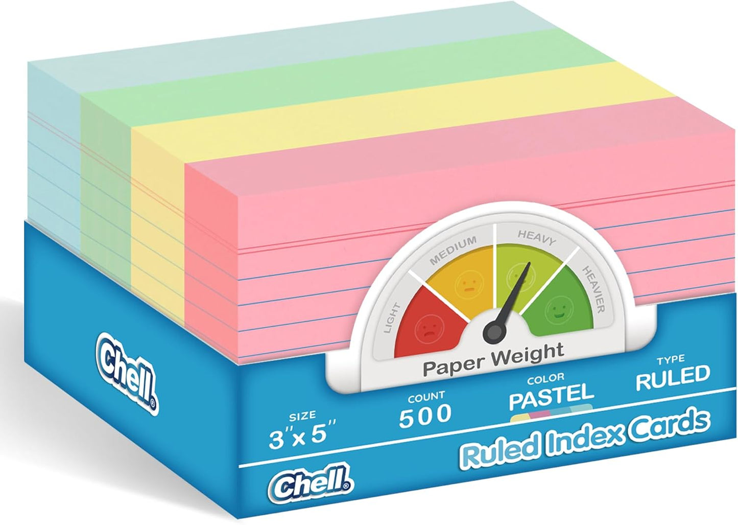 Chell 500 Count Index Cards 3x5 Inch Heavyweight, Ruled Front and Blank Back, 65 lb. Cover Weight, Pastel Colors