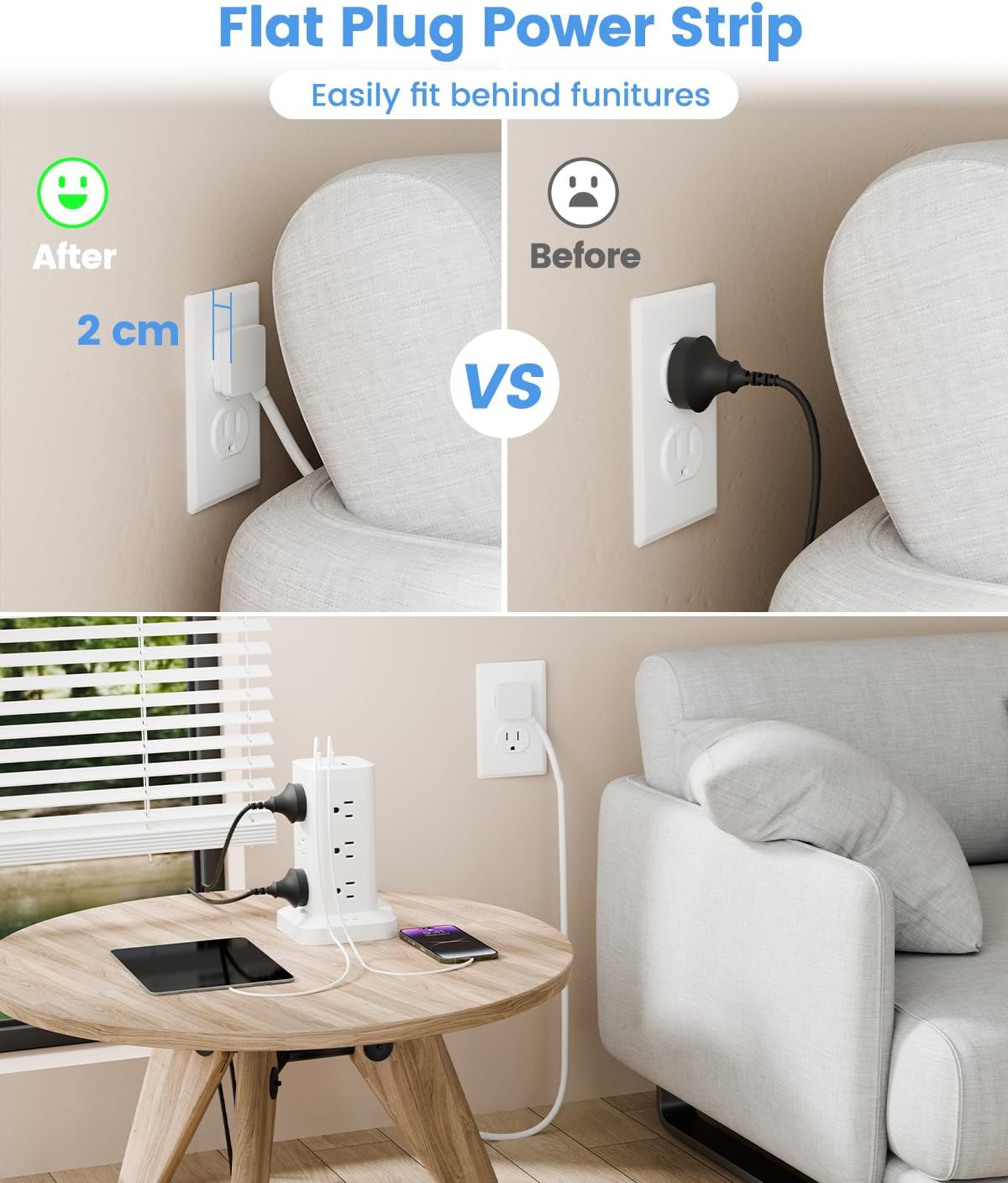 15-in-1 Power Strip Tower with Surge Protector 1800J, Fast Charging Tower PD20W USB-C Ports with 12 AC Outlets, 10ft Extension Cord for Home Office Dorm Room, White