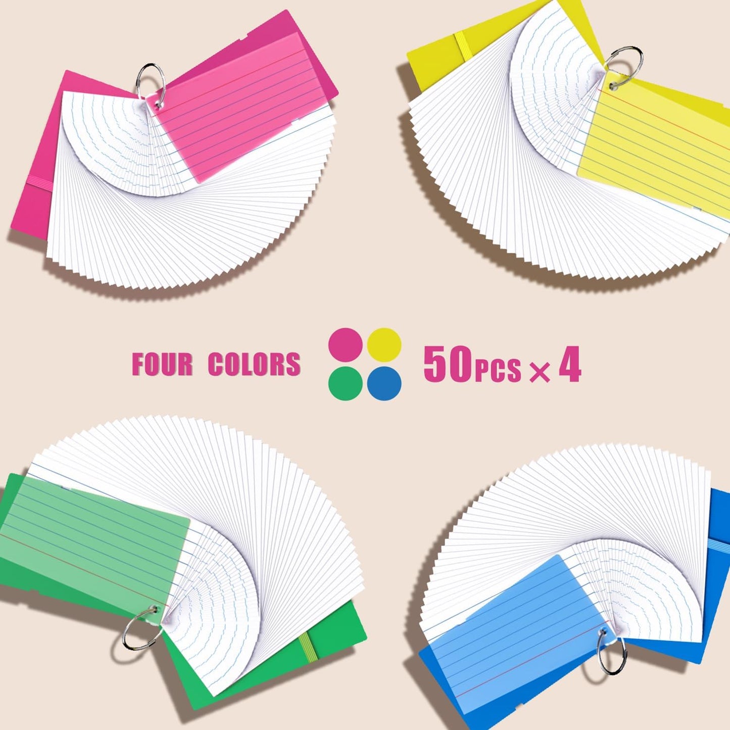 Index Cards 3x5, Flash Cards with Ring, 200 PCS, Ruled Note Cards, Flash Cards for Studying, 4 Packs of 50 sheets, 3x5 Note Cards for Office, Home, School
