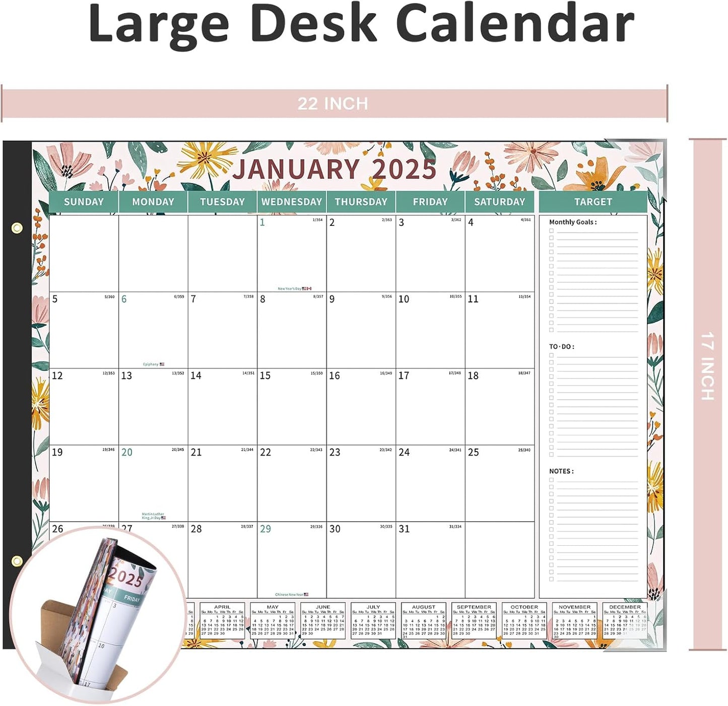 Ospelelf Desk Calendar 2025-2026 Large 22"x17" Monthly Planner Pad with Plastic Cover 18 Months Ditsy Floral