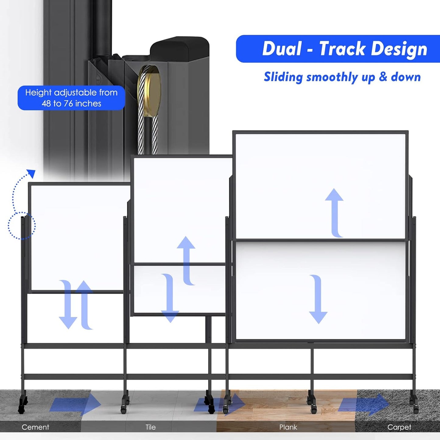 Double-Sided White Board on Wheels, 48x60 Inch (4'x5') Large Magnetic Mobile Dry Erase Board, Height Adjustable Stand Rolling Whiteboard for Office, Classroom, Home School Use, Black