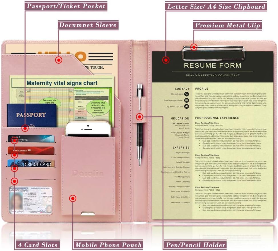 Darolin Business/Resume Padfolio Portfolio Folder with Letter/A4 Size Clipboard, Interview/Conference/Legal Document Organizer, Premium Portfolio Professional Case, Padfolio for Women/Men-Rosegold