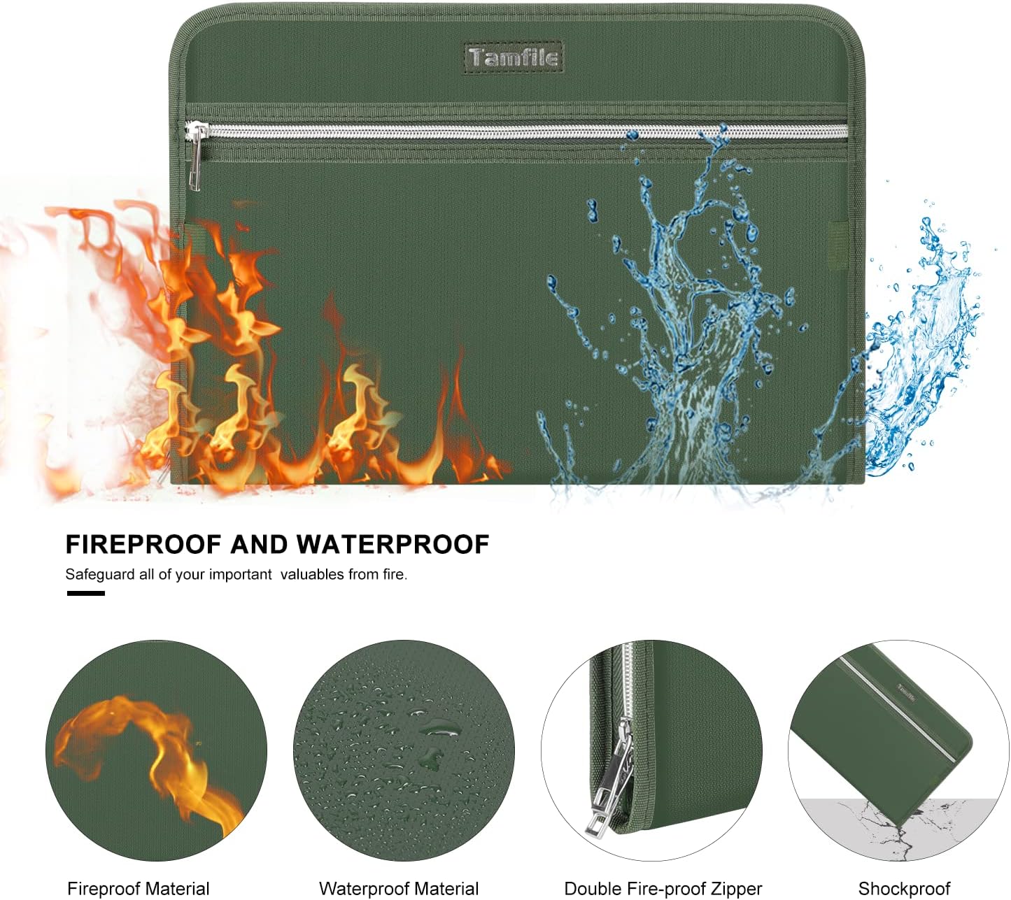 Fireproof Safe Accordion File Organizer Bag Folder,Waterproof Expanding Filing Folder with 14 Pockets, A4 Letter Size, Document Organizer Holder and Color Labels /2 Zipper (Green 14.3" x 9.8")