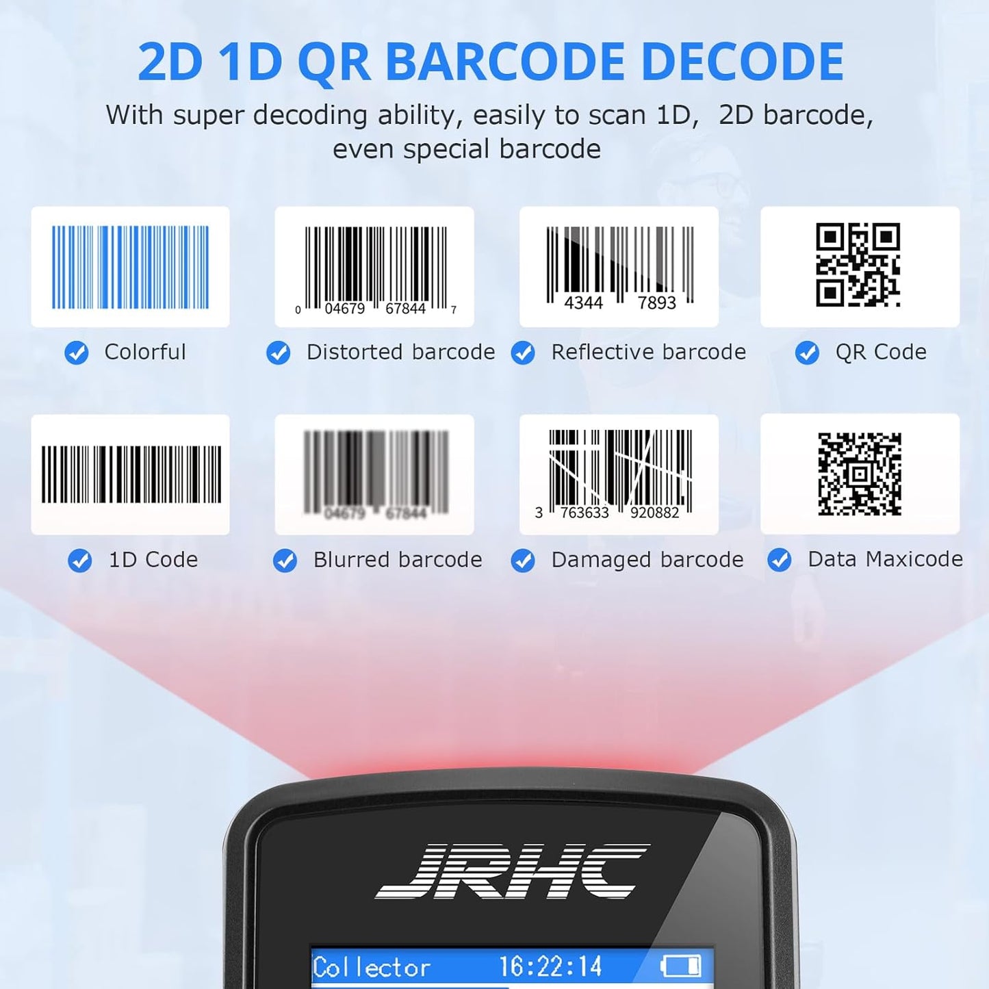 1D 2D Barcode Scanner Wireless, JRHC Portable Inventory Scanner & Data Collector Data Terminal PDT Inventory Device with Long Transmission Distance 2.4G Wireless Bar Code Reader with 2.8" LCD Screen