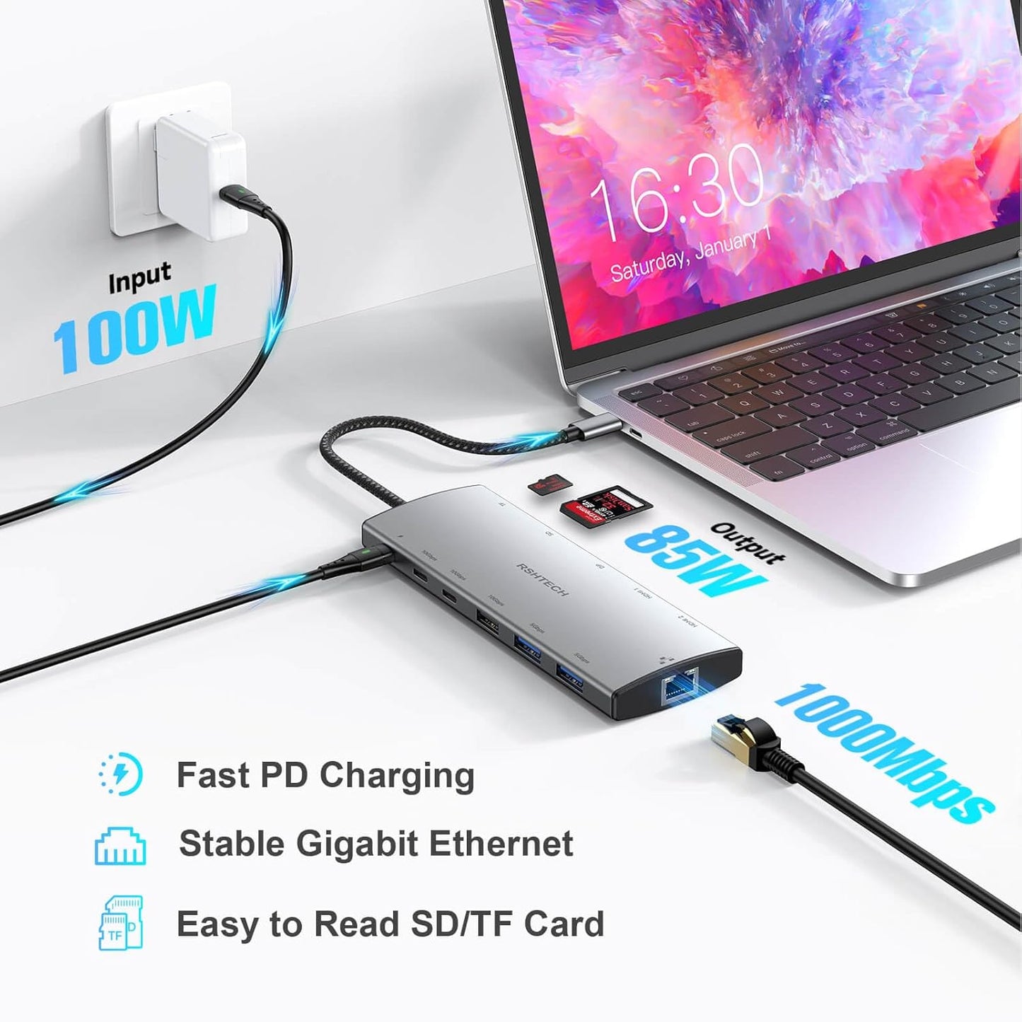 RSHTECH USB C Hub Docking Station Dual Monitor 12 in 1 Triple Display Multiport Adapter with 2 HDMI, 4K DP, 3 USB 3.2 10Gbps, 2 USB 3.0 Ports, 100W PD, Gigabit Ethernet, SD/TF for MacBook, Laptops