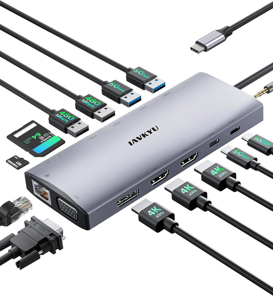 USB C Docking Station 4 Monitor,14 in 1 Laptop Docking Station 3 Monitor Quad Display USB C Hub Multiport Adapter with 2HDMI 4K+DP+VGA+Ethernet+6USB+100W PD+SD/TF+Audio,USBC Dock for Windows Laptop