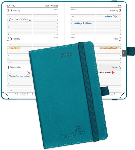 POPRUN Pocket Calendar 2026 (Small Size- 4'' x 6.25") Weekly and Monthly for Purse - Planner 2026 (Jan. 2026 - Dec. 2026) with Vegan Leather Soft Cover,Pen Holder and More - Pacific Green