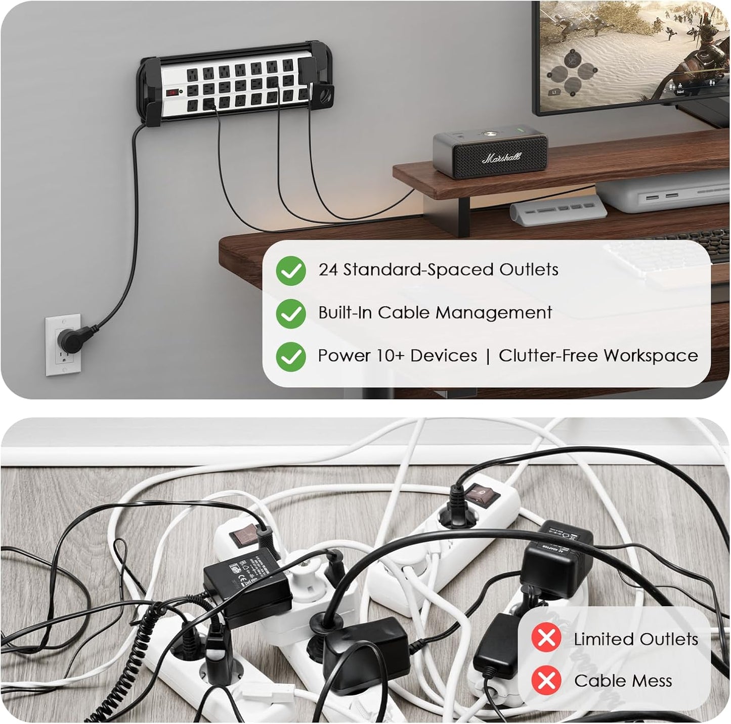 HHSOET Heavy Duty Power Strip with Surge Protection, Industrial Commercial Metal 24 Outlets Wall Mount for Garage Shop, 15 Amp, Switch, 6FT Extension Cord, Grey.