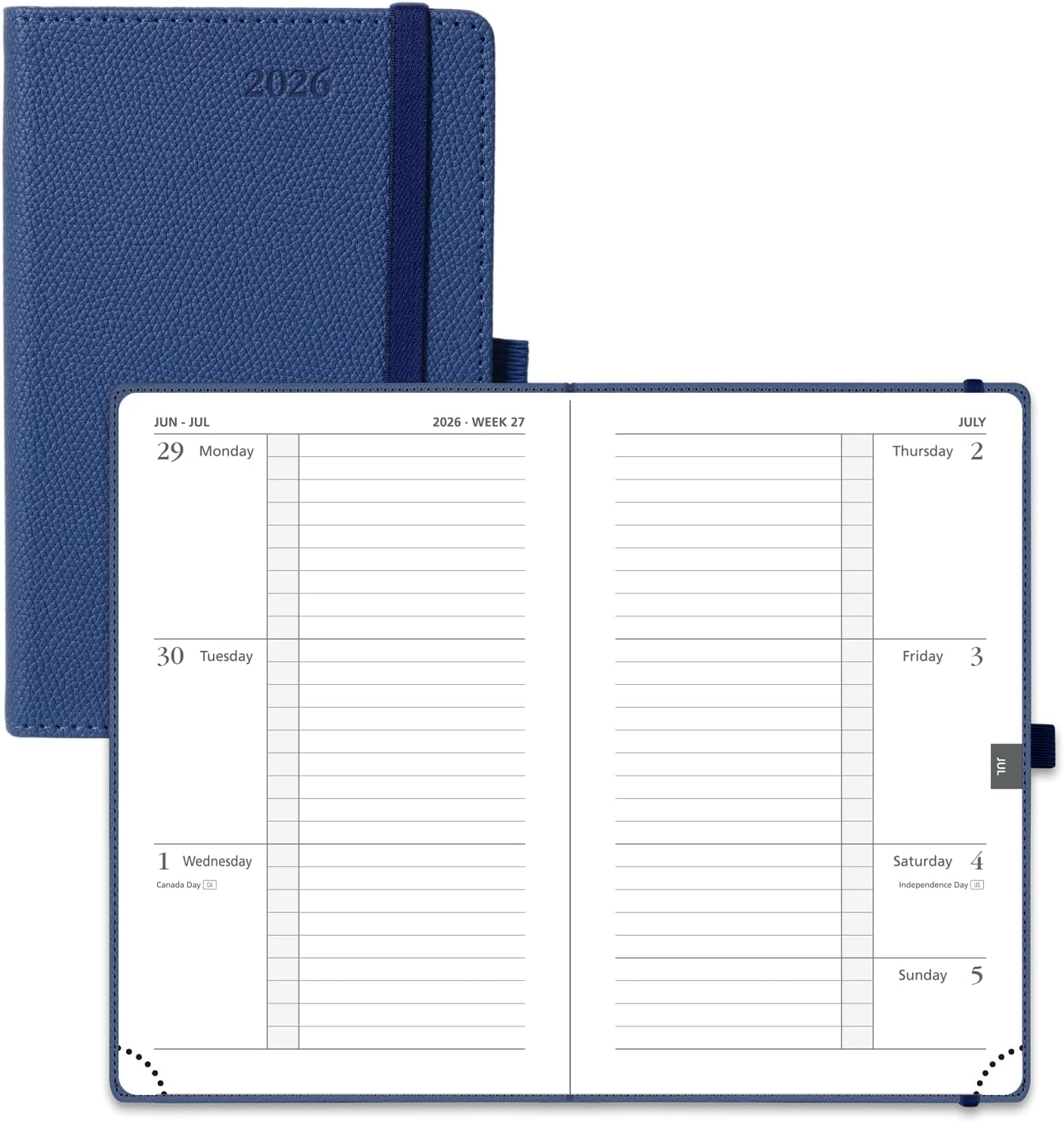 POPRUN Weekly Planner 2026 Calendar (Pocket 4'' x 6.25'') 12 Months Notebook with Horizontal Layout, Leather Hardcover, Inner Pocket, 100GSM Thick Paper, Pen Holder - Navy Blue