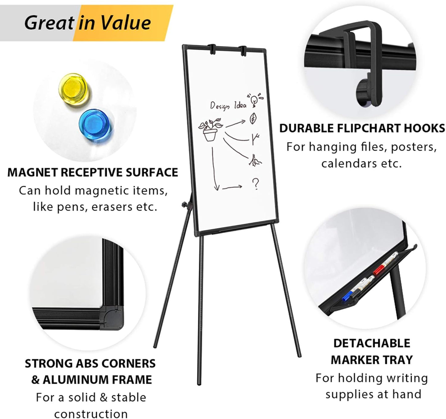 Easel Whiteboard - Magnetic Portable Dry Erase Easel Board 36 x 24 Tripod Whiteboard Height Adjustable Flipchart Easel Stand White Board for Office or Teaching at Home & Classroom (Black)