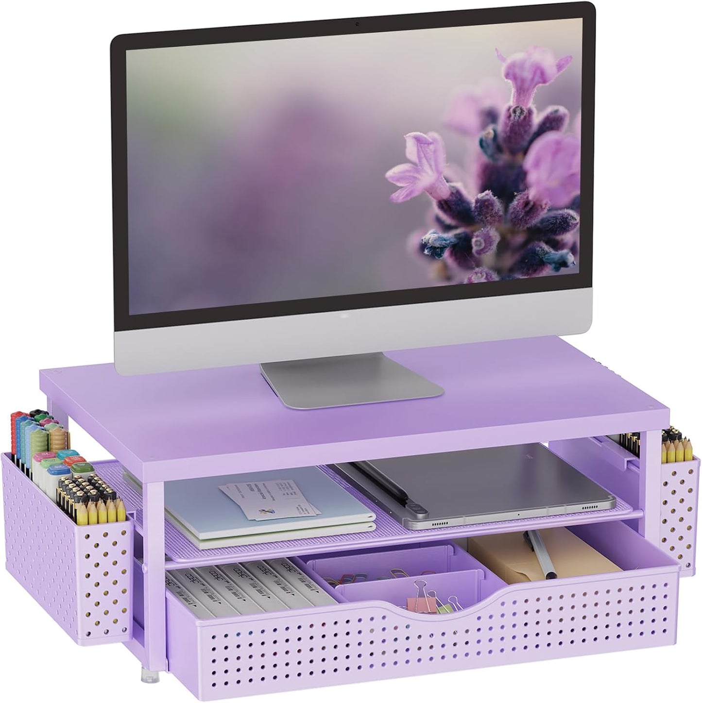gianotter Wood Monitor Stand Riser, Desk Organizer with Drawer and 2 Pen Holders, 2-Tier Workspace Organizer for Office Supplies (Purple Wood)