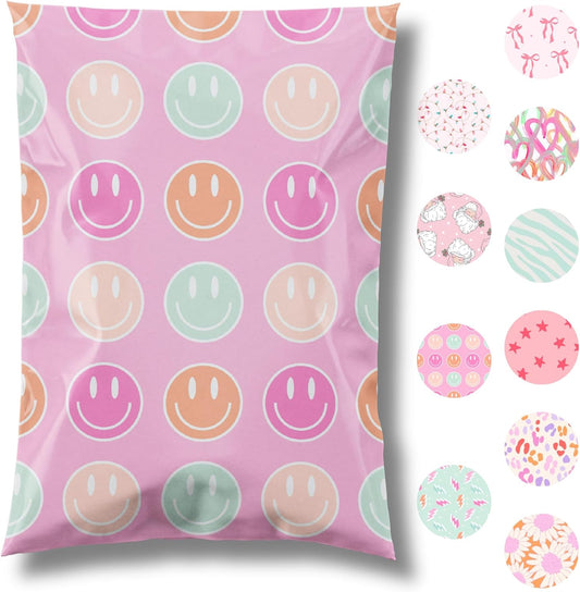 10x13 Designer Poly Mailer 100 Pack Heavy Duty Waterproof Self Seal Shipping Bags for Small Business Large Mailing Envelopes Bulk Tear Resistant Cute Packaging Smiley Face