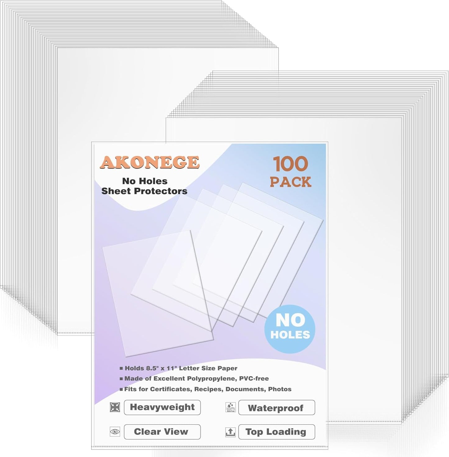 100 Pack No Holes Sheet Protectors 8.5 x 11 Inch Letter Size Page Protectors for Documents, Prints, Top Loading Heavyweight Clear View Plastic Sleeves for Papers, Artworks, Photos