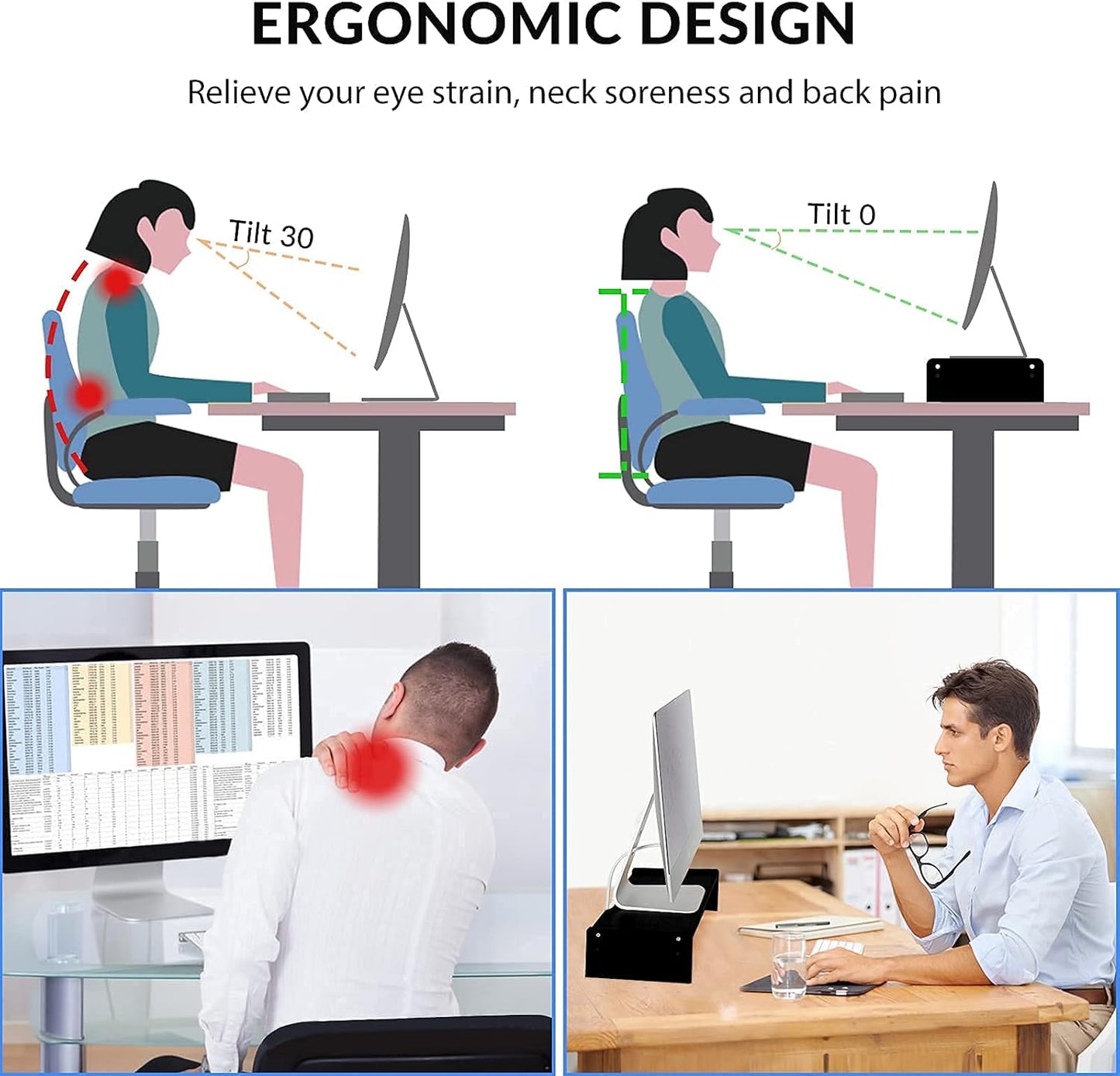 KINLINK Solid Wood Monitor Stand Riser, Monitor Riser with 2 Adjustable Height, 15.8 inch Computer Riser for Computer, iMac, PC, Printer, Computer Monitor Stand for Home & Office, Black