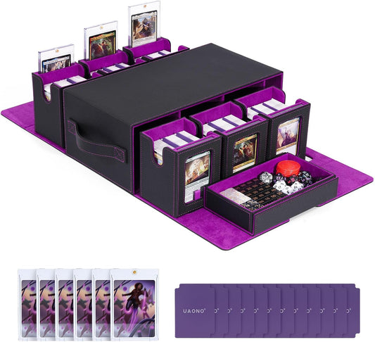 Commander Deck Box for MTG, 6-Deck Modular Card Case with Dice Tray Holds 600+ Double-sleeved Cards, Removable Trading Cards Storage Box with 35PT Magnetic Card Holders for TCG, Black Purple