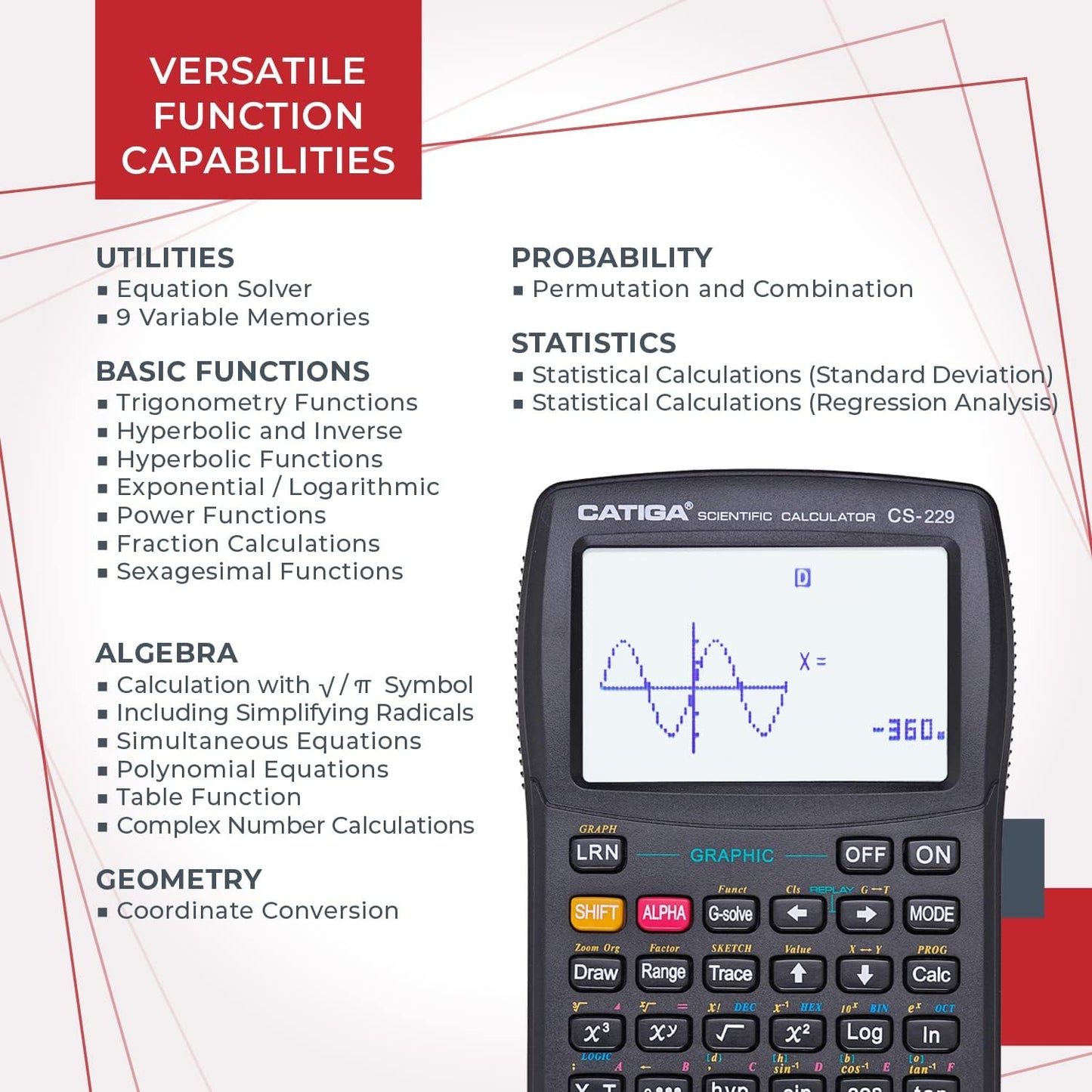 CATIGA Scientific Calculator with Graphic Functions, Multiple Modes with Intuitive User Interface for Beginners and Advanced Courses, High School or College, CS-229
