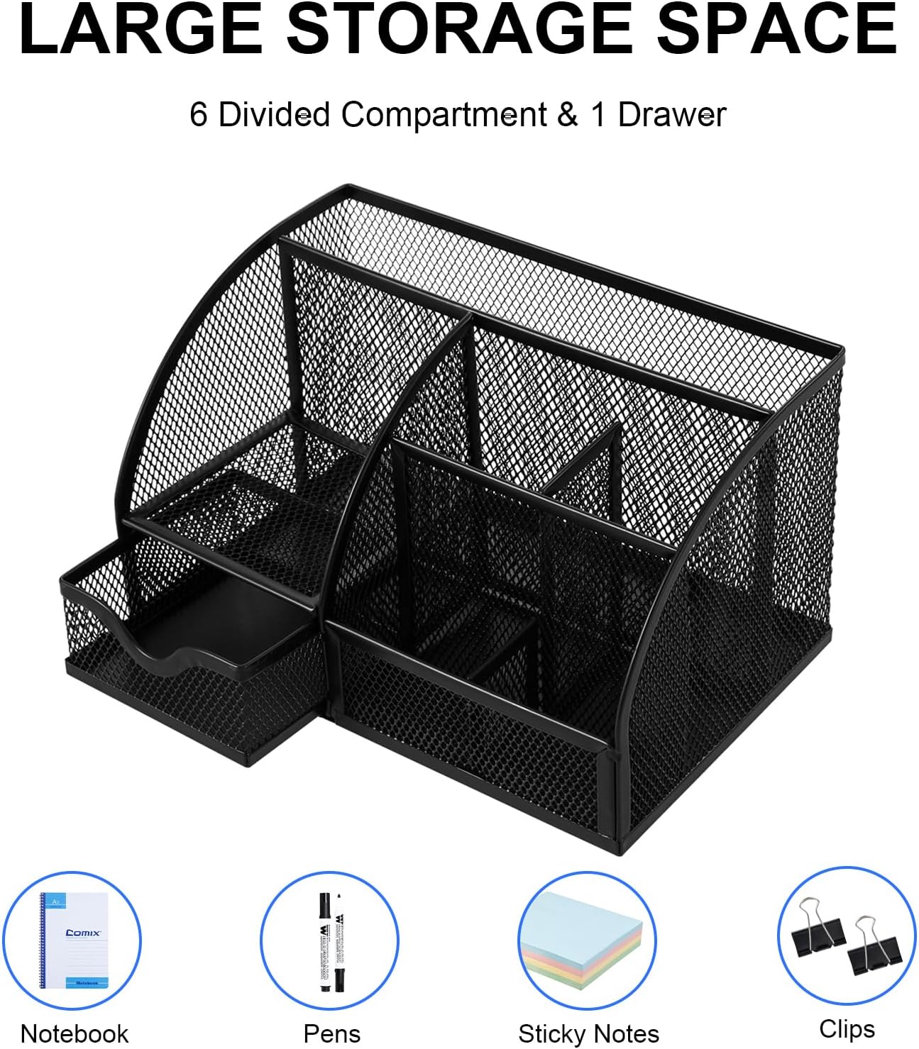 Comix Mesh Pen Pencil Holder Desk Organizer, 7 Compartment Wire Desktop Pen Pencil Cup Caddy Office Supplies for Home Office School, Black