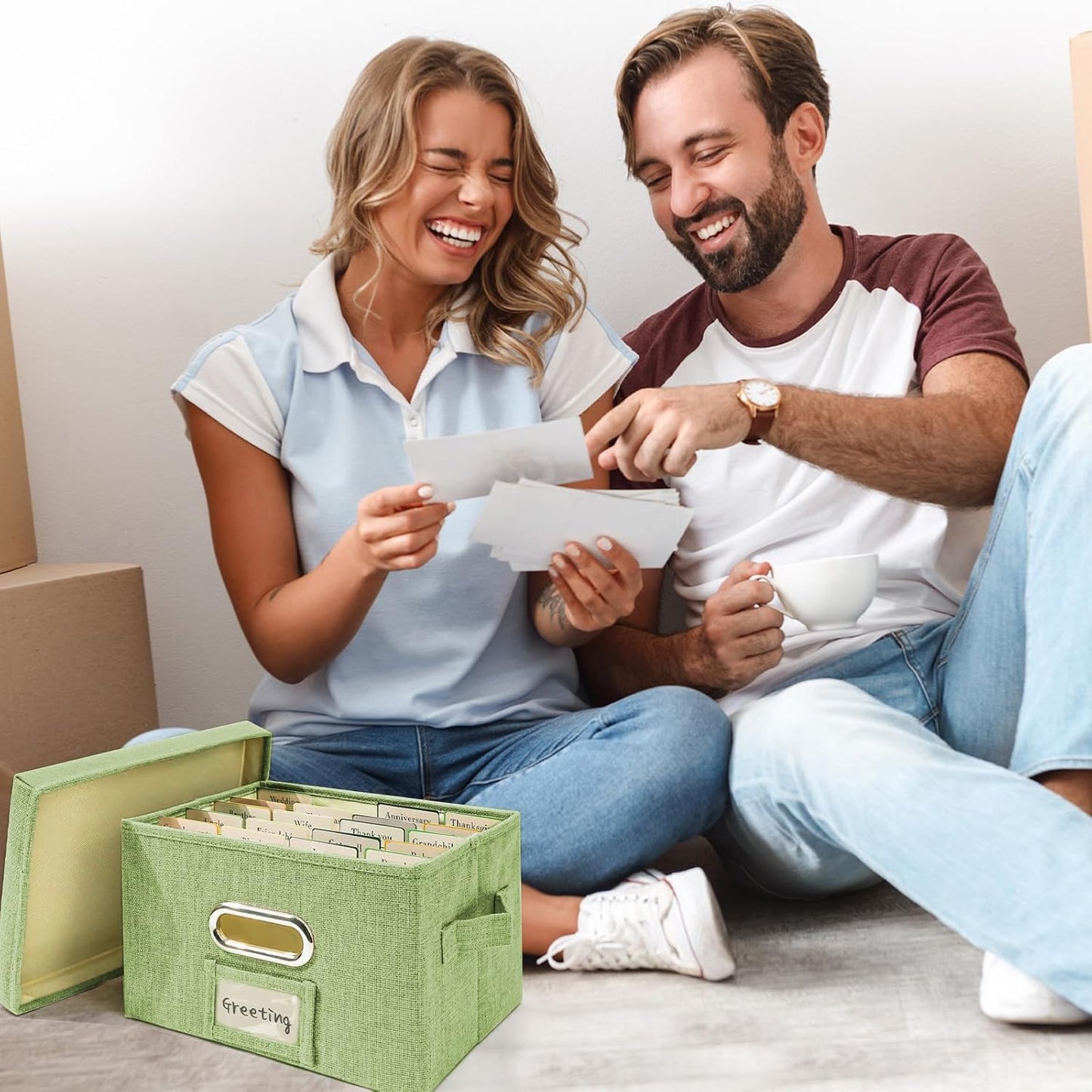 Vienrose Greeting Card Organizer 2 Pack, Storage Box with 40 Adjustable Dividers, Foldable Organizer Box Holds over 150 Cards, Storage Stickers Recipes Photos Envelopes Bills Vinyl Records, GrassGreen