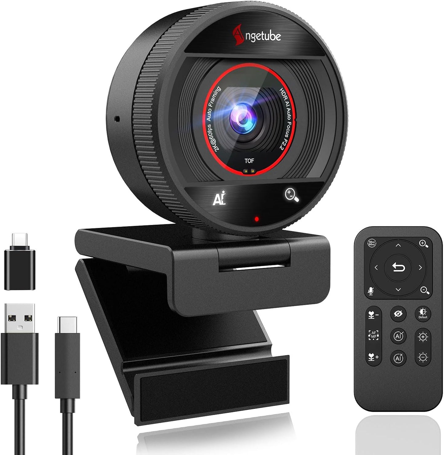Angetube AI Webcam for PC - 1080p/2K@60FPS HD Web Camera with Remote Control, 8X Digital Zoom Webcam, Privacy Cover, TOF Auto Focus, HDR, USB 3.0 Web Cam Work with Zoom, Skype,Teams, Windows,Mac