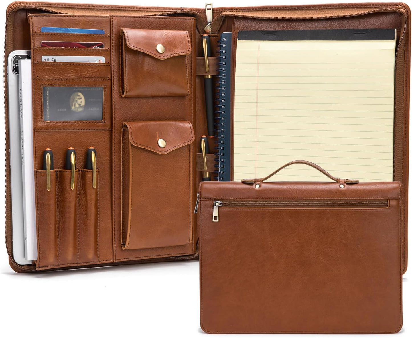 Genuine Leather Portfolio with Hidden Handle, Zippered Front Pocket, Business Padfolio for Men and Women, 8.5 x 11 Legal Pad Notebook Holder, Office Letter Notepad Folio, Oil Tanned