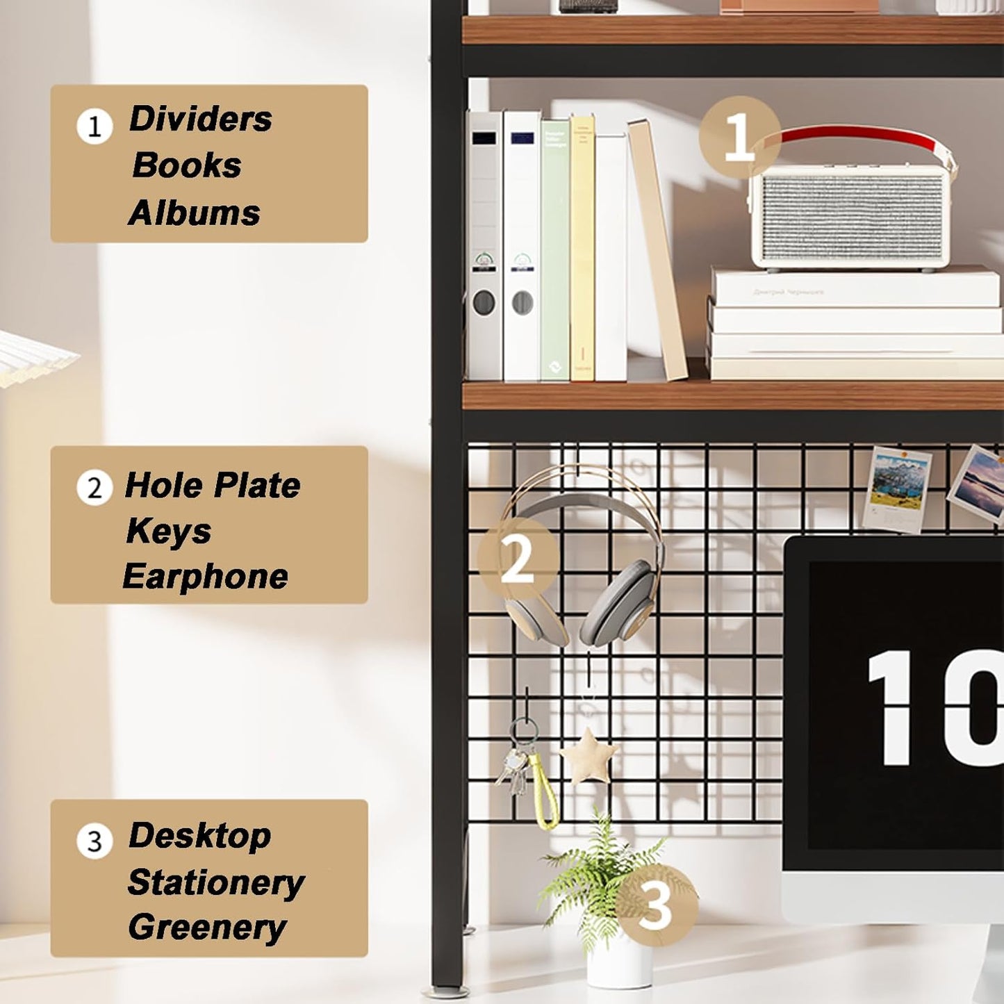 2-Tier Desktop Hutch Bookshelf Metal Desk Shelf Dorm Bookcase for Computer Desk Countertop Storage Organizer Display Rack for Office Home (White, 37.4in)