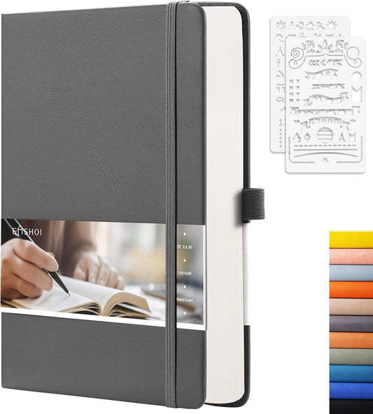 EMSHOI Dotted Notebook - 256 Pages A5 Dot Grid Journal Bullet Notebook with 120gsm Thick Dotted Paper,16 Perforated Pages, Hardcover Leather, Pen Holder, Inner Pocket, 5.75'' × 8.38''-Dark Grey