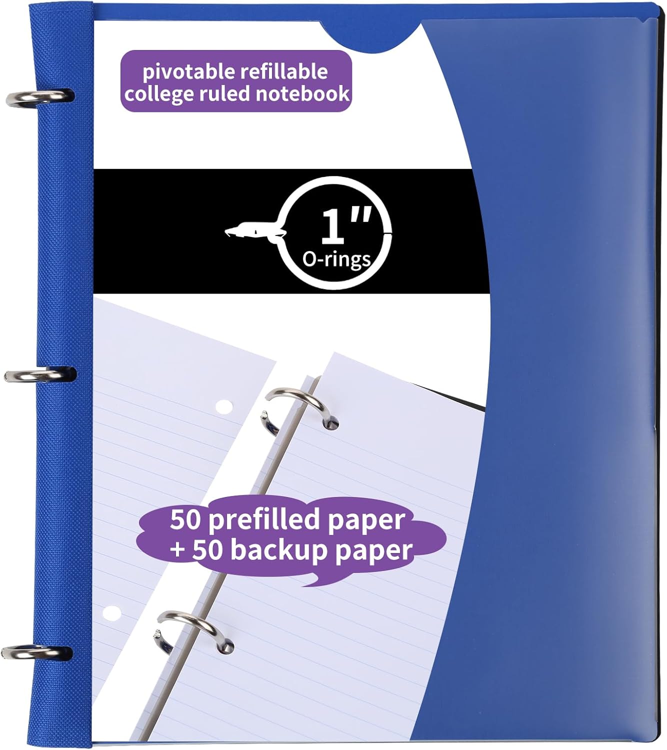 Pivotable Refillable Notebook, 1 Inch 3 Ring Notebook Binder, 100 College Ruled Paper, 5 Subject Notebook with Dividers and Folder Pockets, Tabs- Blue