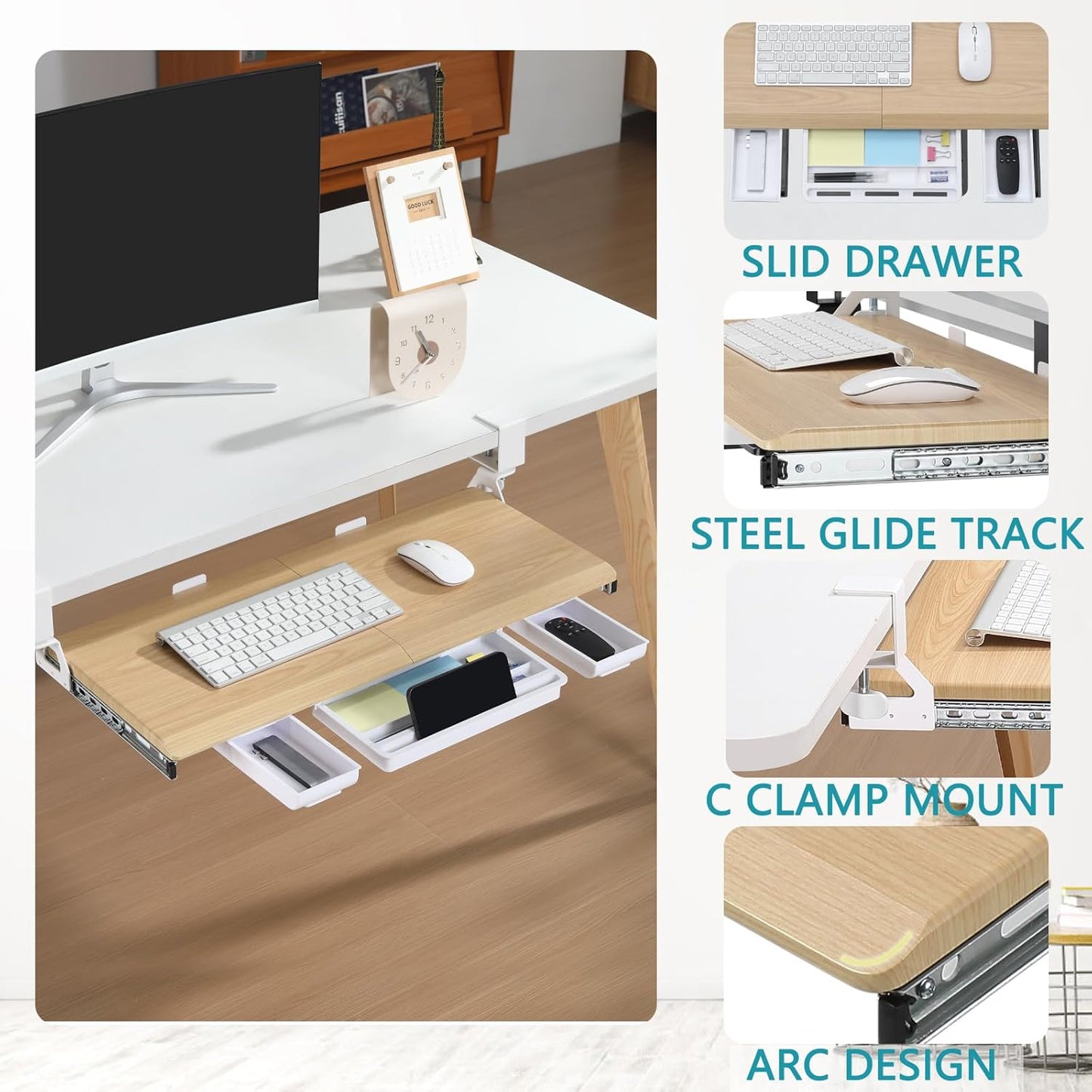ETHU Keyboard Tray Under Desk, Pull Out Keyboard & Mouse Tray with C-clamp, Ergonomic Desk Keyboard Tray Slide Out, Pull Out Platform Drawer for Home and Office（Oak）