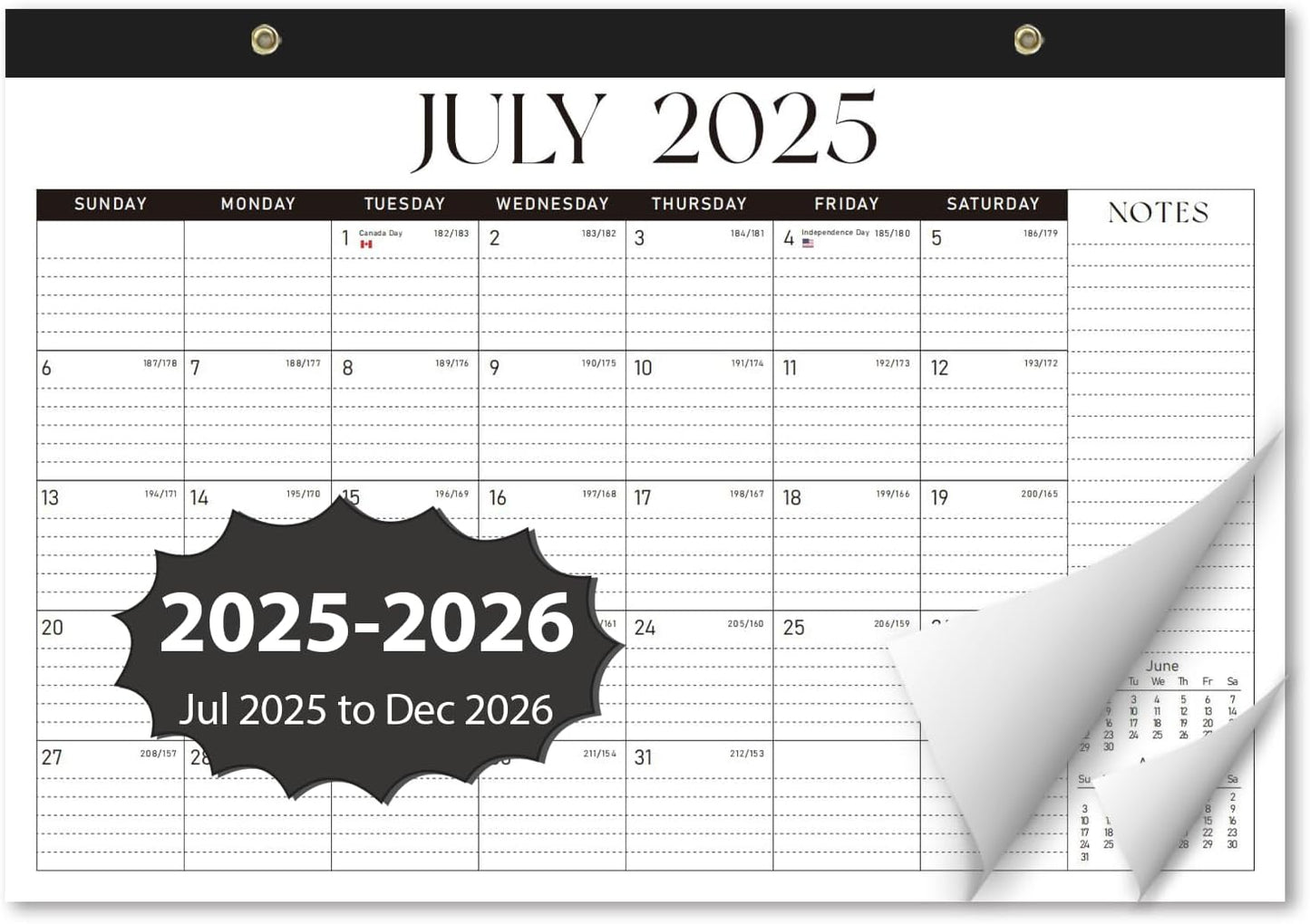 Desk Calendar 2025-2026, Monthly Desktop Large Calendar (July 2025-December 2026) Desk Wall Planner for Family Office Teacher School, 17" x 12" Black-White