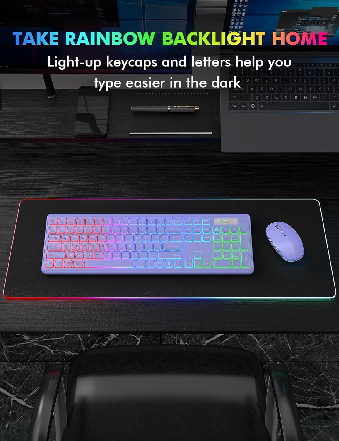 Wireless Keyboard and Mouse Combo, RGB Backlit, Rechargeable & Light Up Letters, Full-Size, Ergonomic Tilt Angle, Sleep Mode, 2.4GHz Quiet Keyboard Mouse for Mac, Windows, Laptop, PC, Trueque(Purple)