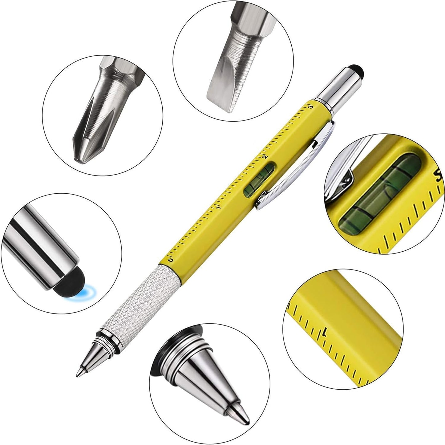 DUNBONG Metal Multi tool Pen 6-in-1 Stylus Pen - With Screwdriver, Ballpoint Pen Black ink, Stylus pen, Level and Ruler, 1-Count (Yellow)