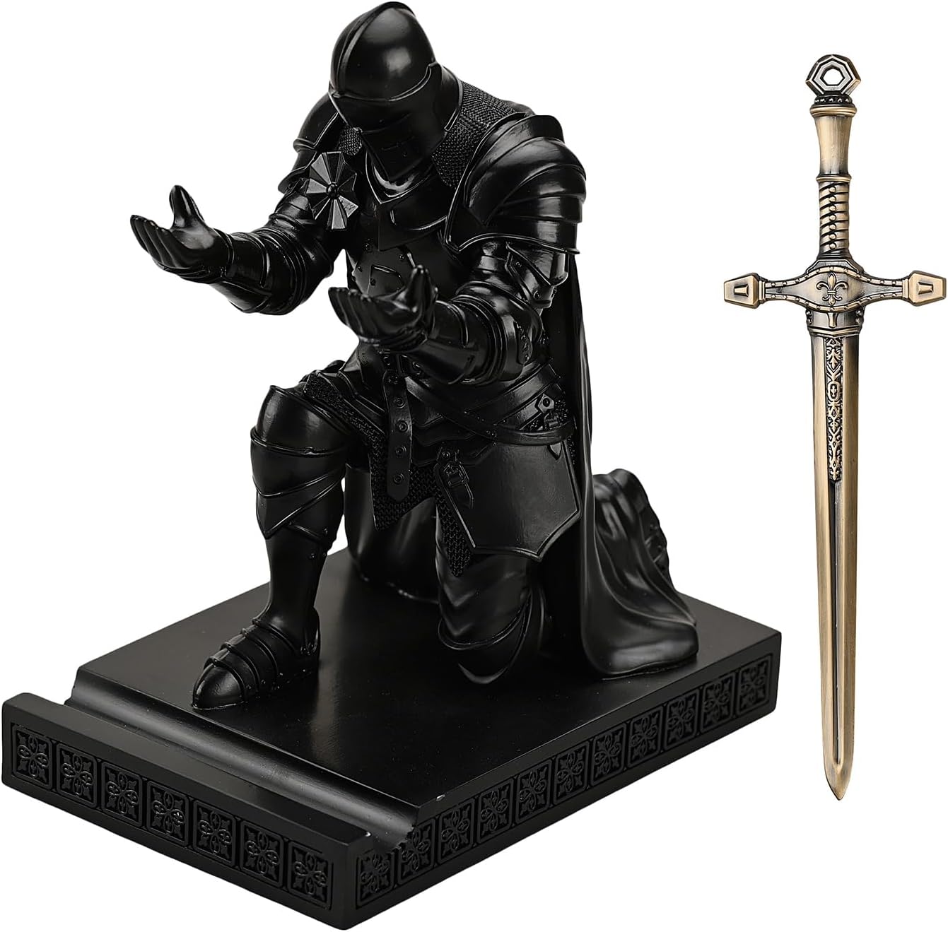 Medieval Armored Warrior Wearing Outerwear, Mobile Phone Stand Knight Pen Holder Desk Organizers, Resin Bookends Paperweight with a Letter Opener for Desk (Black)