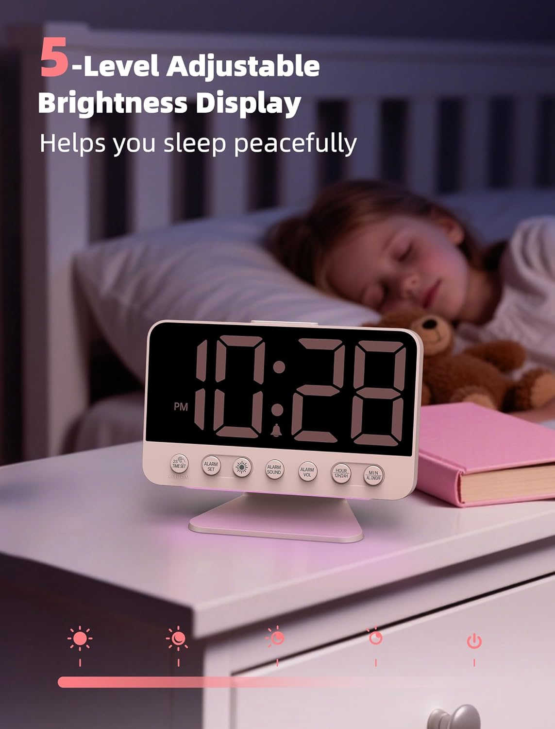Digital Alarm Clocks for Bedrooms: Large Bold Number 5 Brightness Dimmer - Easy to Read Across The Room - 5 Alarm Sound 8 Night Light - Sakura Pink