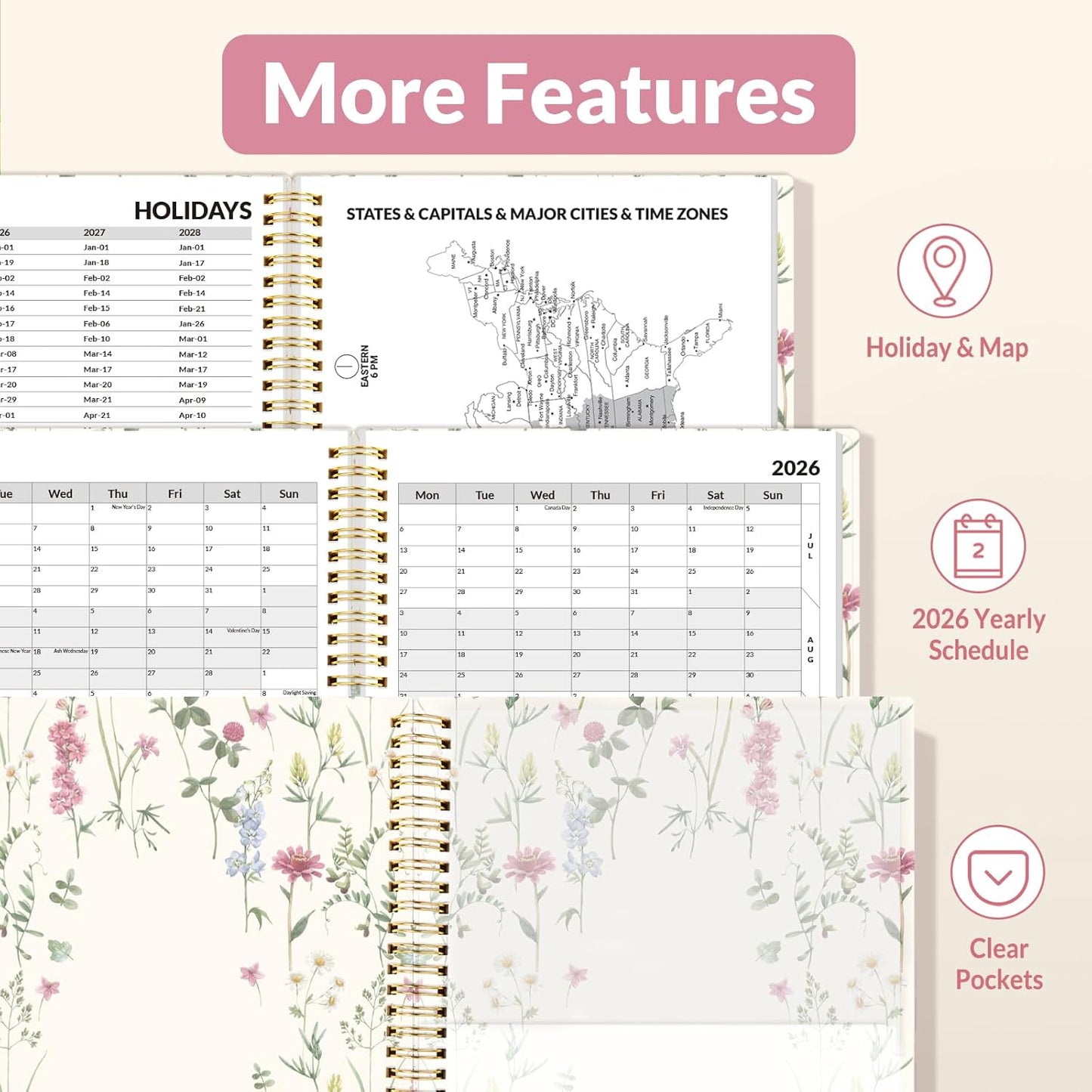 SUNEE 2026 Weekly and Monthly Planner - from January 2026 - December 2026, 8.5"x11" Daily Agenda Planner with Monthly Tab, Flexible Cover, Note Pages, Pockets, Bookmark, Spiral Binding, Wildflowers