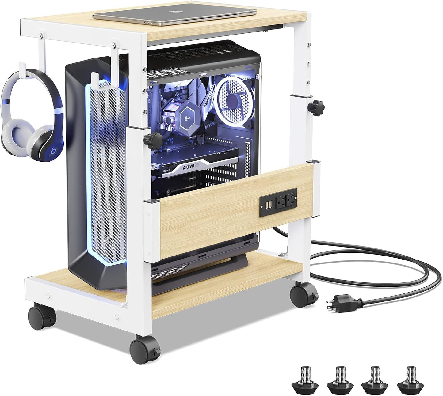 Computer Tower Stand with Charge Station and USB Charging Port - Height Adjustable PC Tower Stand, Under Desk CPU Holder Cart with Locking Caster Wheels for Fits Most PC