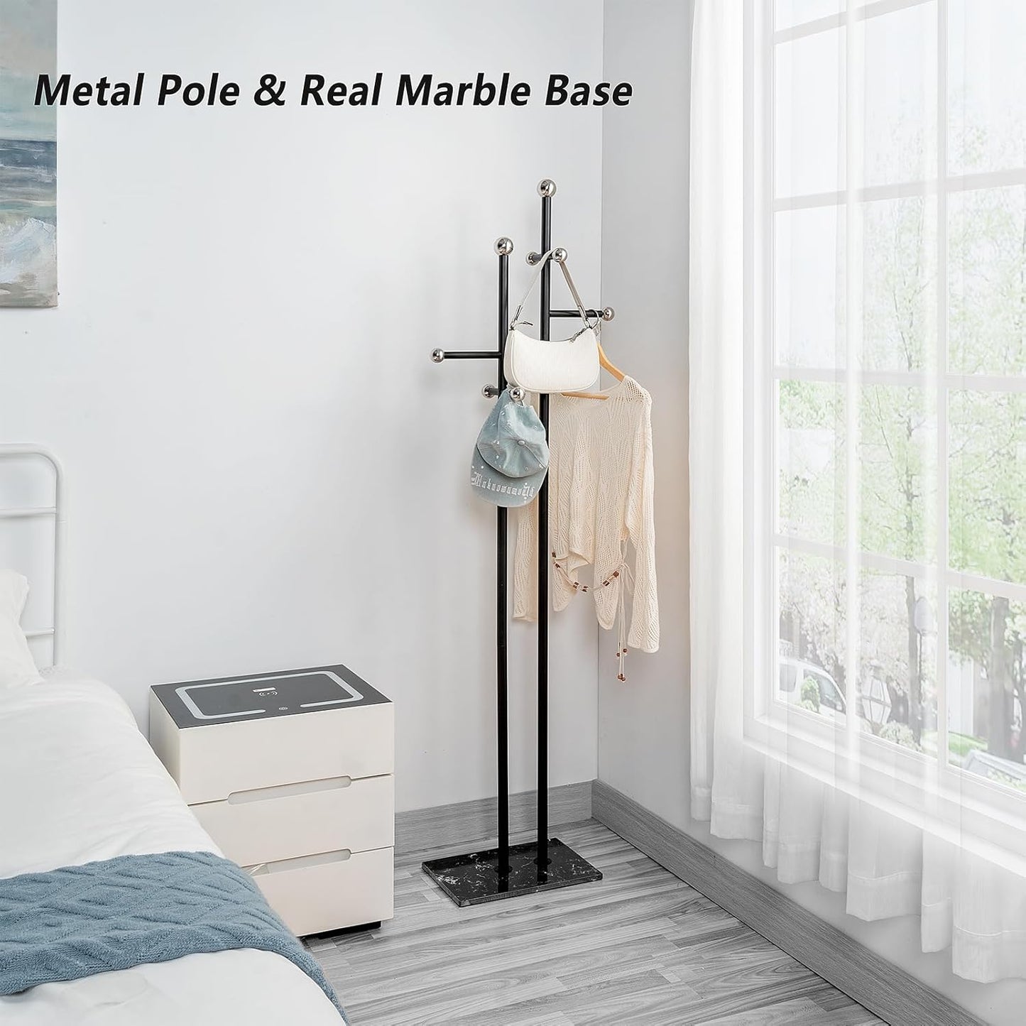 Coat Rack Freestanding with Square Marble Base Heavy Duty Metal Clothes Rack Hanging Stand for Entryway Bedroom Living Room Hotel 14.96 x 10.24 x 68.9 Inches (Black)