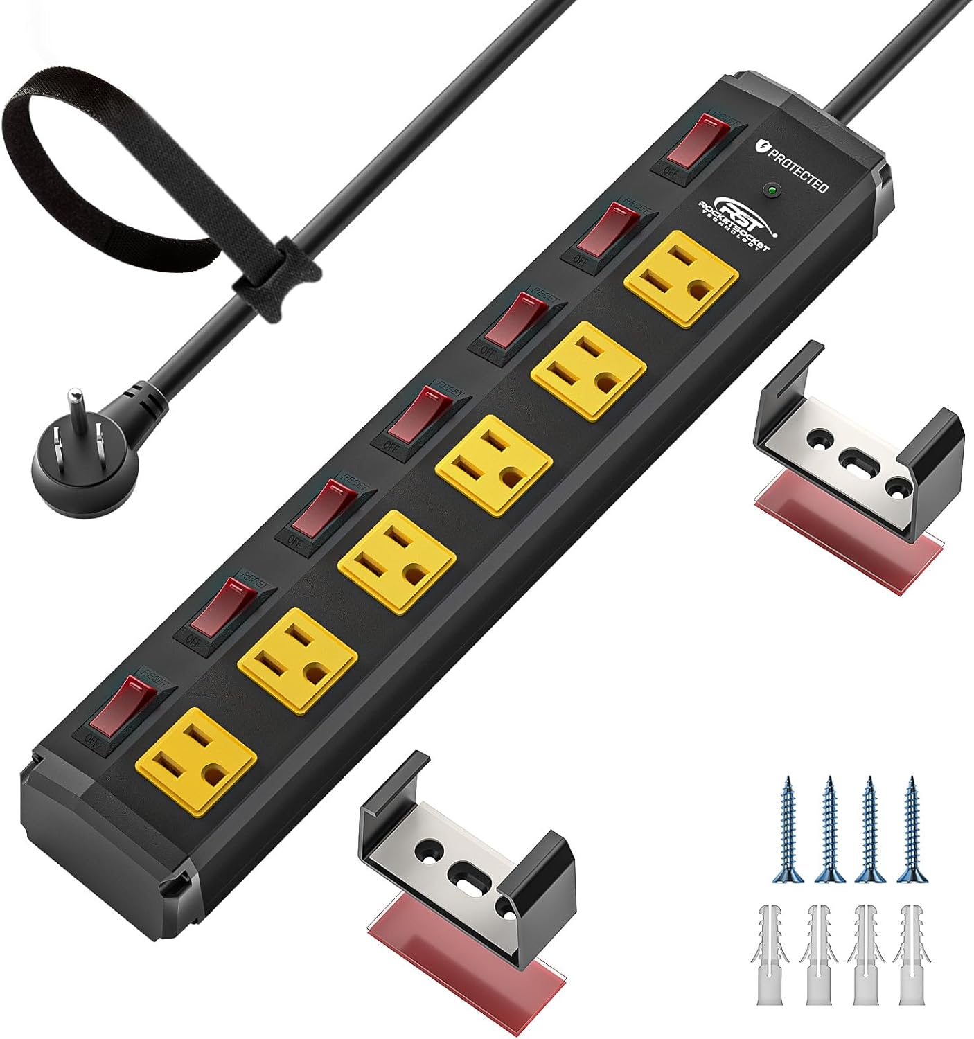 CRST 6 Outlet Metal Heavy Duty Power Strip with Individual Switches, 6FT Wall Mount Garage Power Strip, Surge Protector (1200 Joules), 15amp/1875W, 14AWG SJT Power Cord