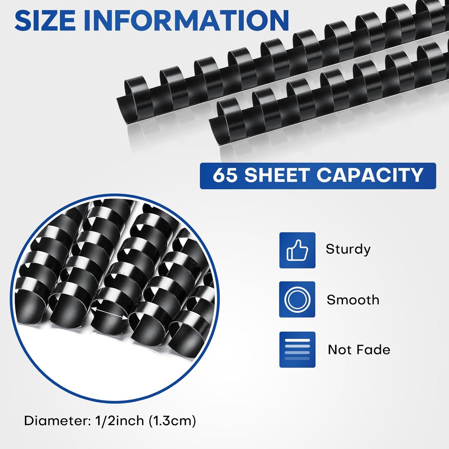 MYFULLY 100 Pack 21 Ring Plastic Comb Binding Spines | 1/2 Inch Diameter, 65 Sheet Capacity, A4, Black Binding Comb (1/2" (65 Sheet Capacity))