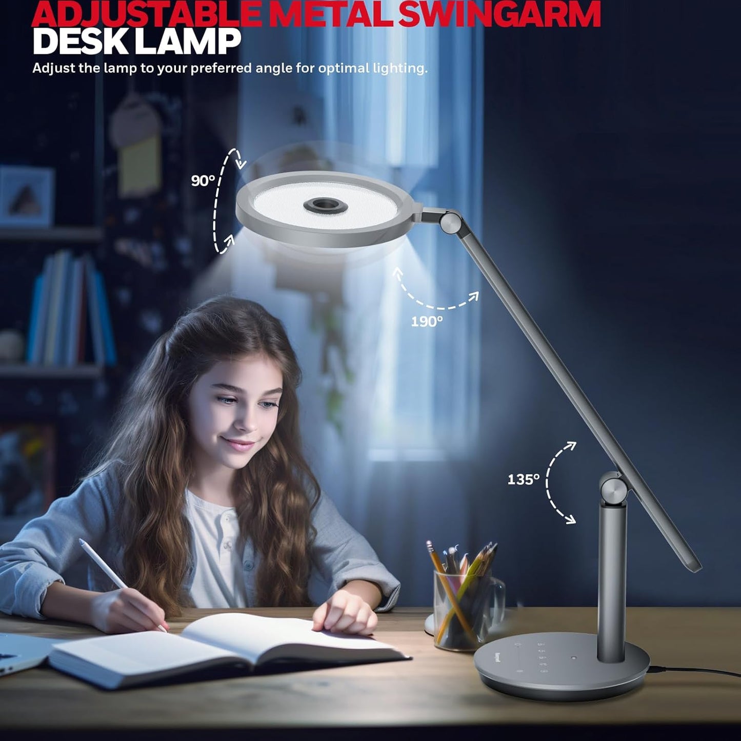 Honeywell Desk Lamp for Home Office, H6 Sunturalux™ Eye-Caring Led Desk Light, 800LM Dimmable Desk Lamp with Timer, Touch Control Tall Desk Reading Light, Table Lamp for Circle Webcam, Study, Bedroom
