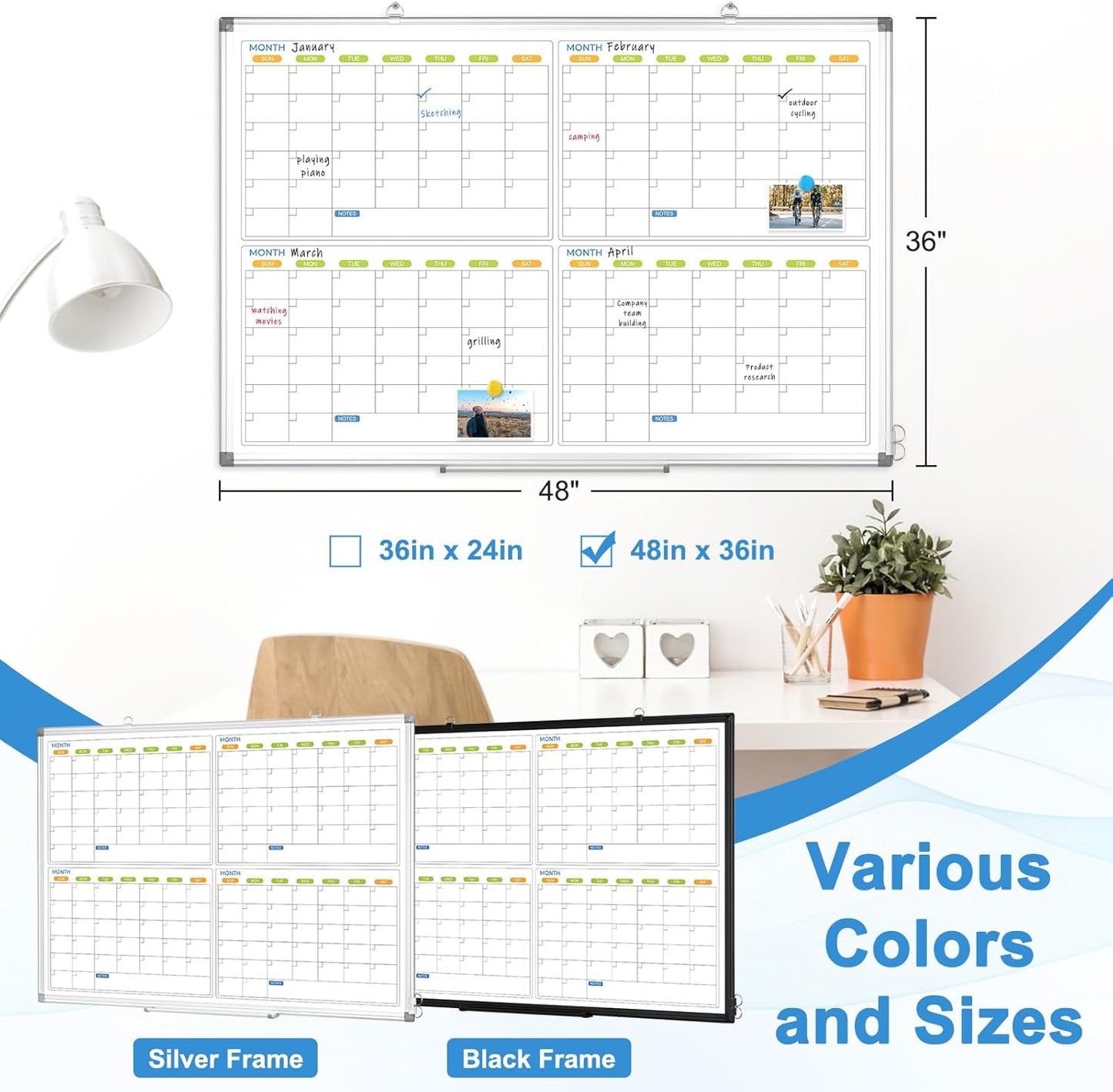 Dry Erase Calendar for Wall 4 Month, WALGLASS 48" x 36" Large Double-Sided White Board Calendar, Dry Erase Monthly Whiteboard, Silver Aluminum Frame Hanging Wall Mounted Board for Office Home School