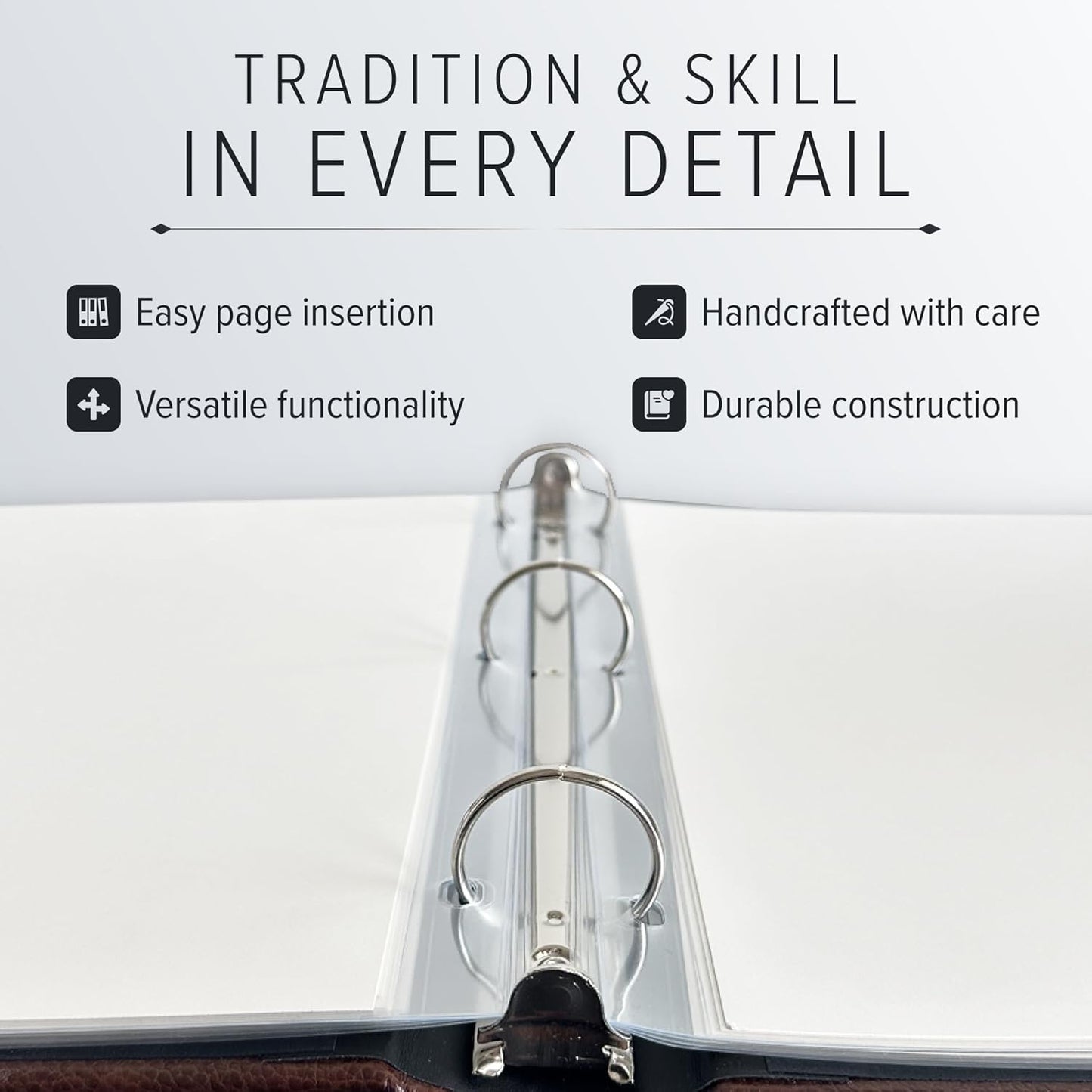 Gallery Leather 3 Ring Binder with Plastic Sleeves, Includes 10 Sheets, Sheet Size: 8.5" x 11" - Presentation Binder Rings with Hubbed Spine, Thick: 1.25" Freeport Slate