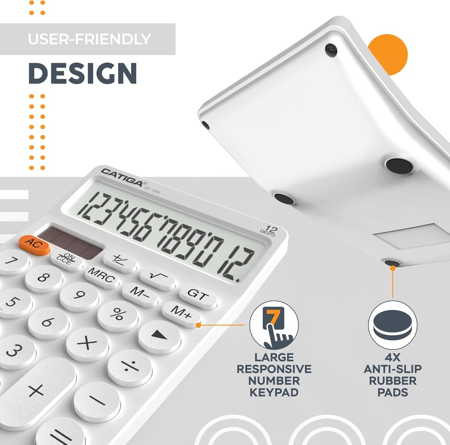 CATIGA 12 Digit Desktop Calculator Basic Desk Calculator with Large LCD Display, Big Buttons, 4 Function, Solar and Battery Dual Power, for Office, School, Home, SD-1292 White