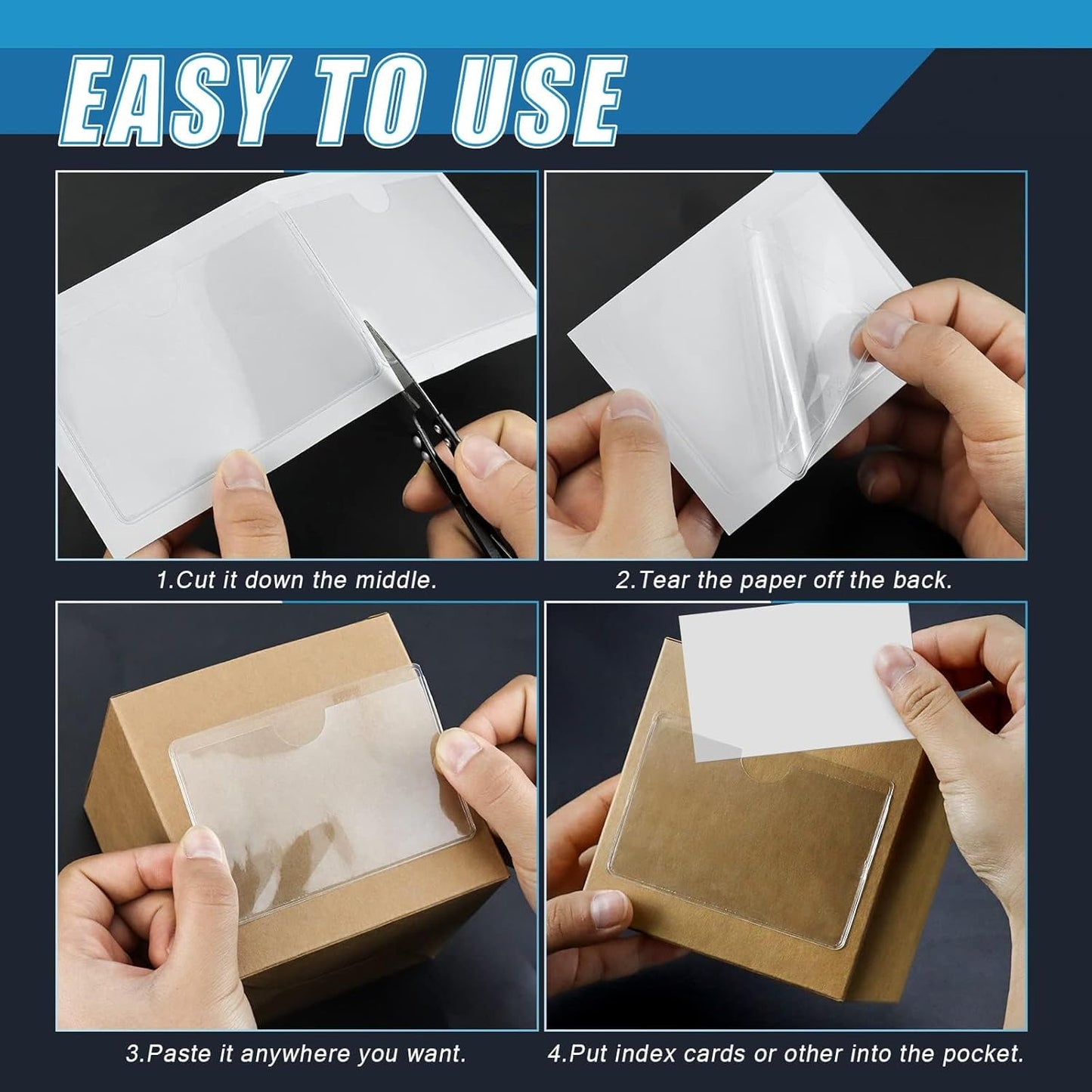 Crystal Clear Self-Adhesive Business Card Pockets and Top Open Library Card Pockets - Ideal for Organizing and Protecting Cards, Photos, and Labels. Includes 100 Pieces