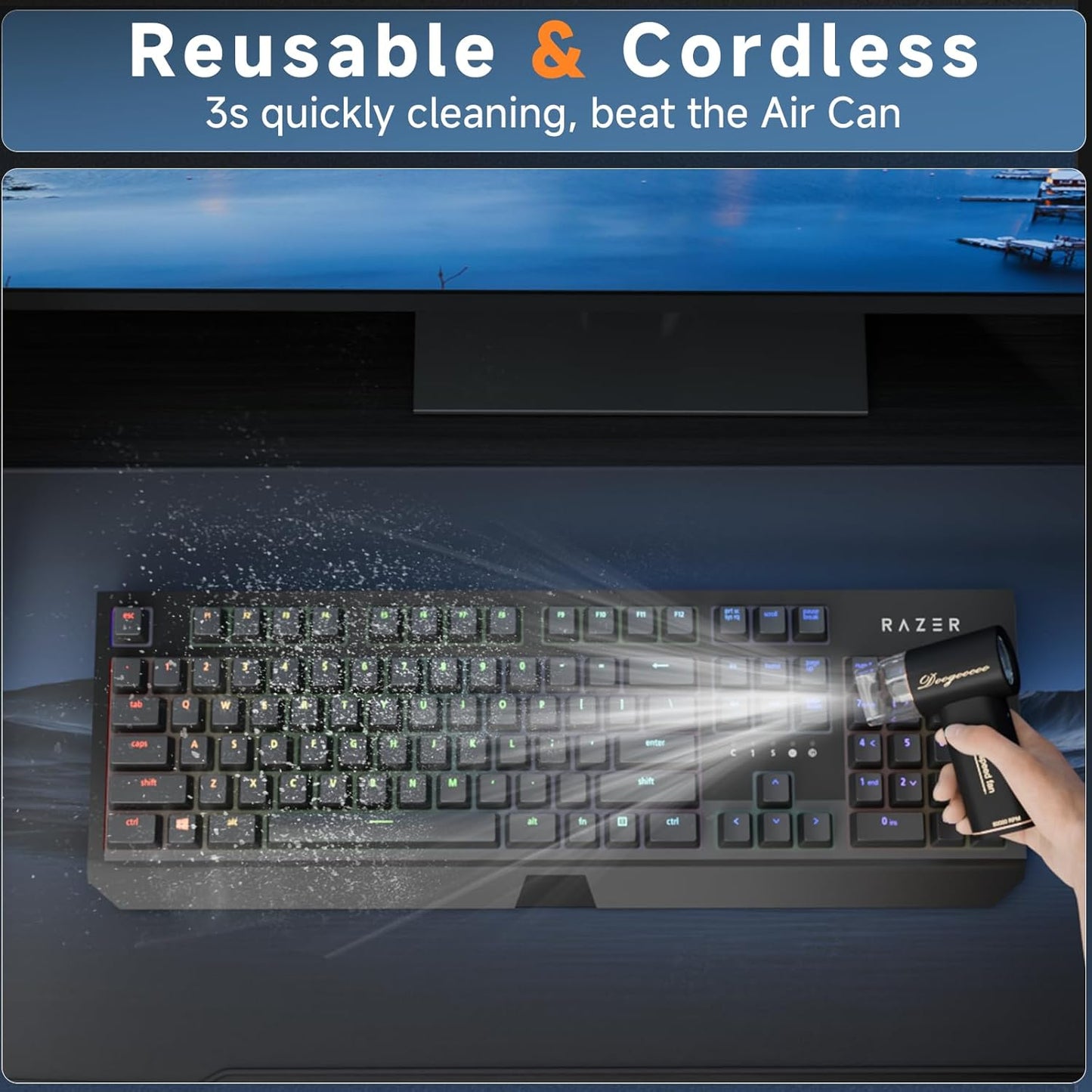 Mini Compressed Air Duster, 5 Gear Adjustable 80000RPM [Small But Powerful] Cordless Electric Air Blower, Fast Charging & Reusable Dust Cleaner for Computer, Keyboard, House & Car (Black)