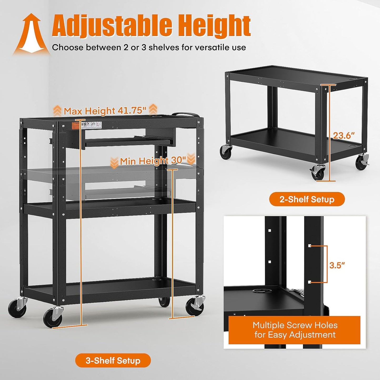 Extra-Large 3-Tier Utility Cart with Built-in Power Strip – Heavy-Duty 14-Gauge Steel Rolling Cart for Office, Workshop, or Classroom – 300 Lb Capacity (34" x 18" x 41.75")