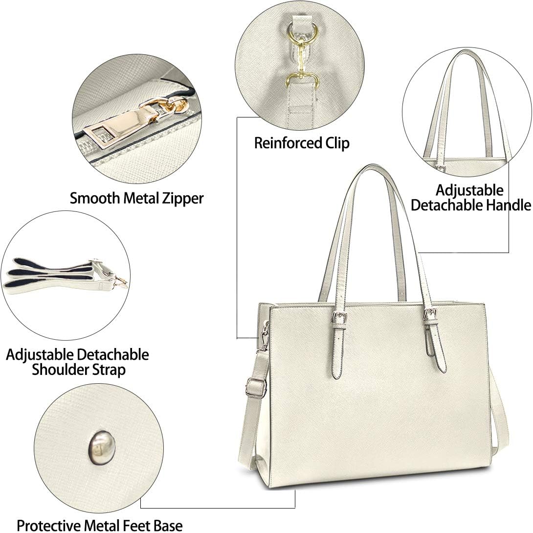 Laptop Bag for Women Waterproof Lightweight Leather 15.6 Inch Computer Tote Bag Business Office Briefcase Large Capacity Handbag Shoulder Bag Professional Office Work Bag Beige