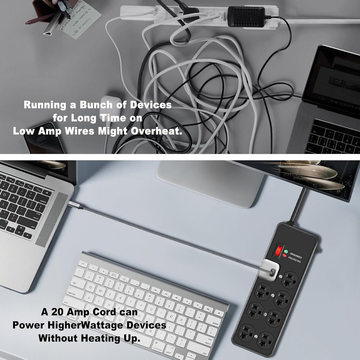 20Amp Power Strip Surge Protector, Durable Metal 8-Outlet with Heavy Duty 20 Amp 6Ft 12 Gauge Extension Cord, for Garage, Workshop & Industrial Use with 6-20R T-Slot Outlets, 4800J