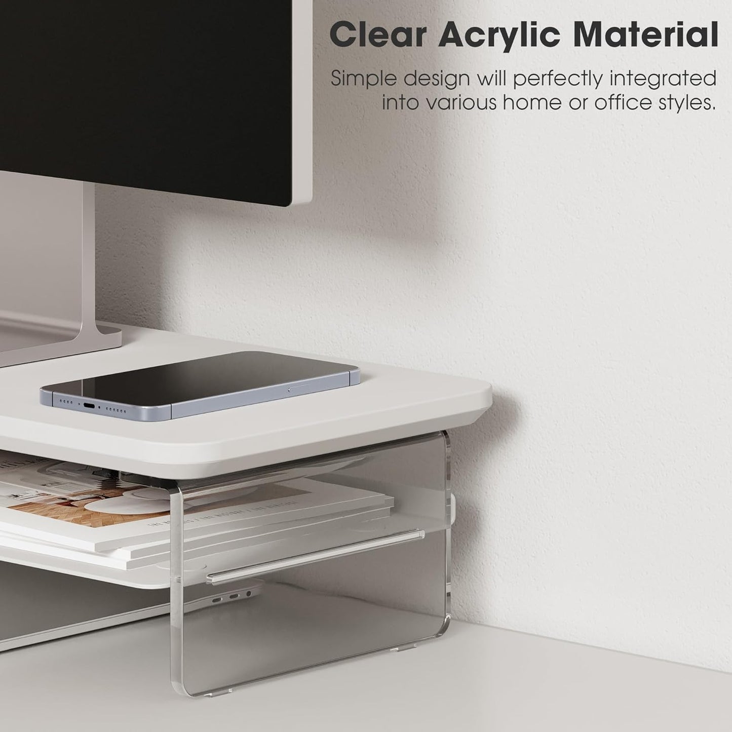 Fenge Acrylic Monitor Stand Riser, 23.6 Inches Monitor Stand with Metal Storage, 2 Tier Acrylic Computer Riser for Desk, Clear Laptop Stand for PC, Laptop, Printer, TV, White