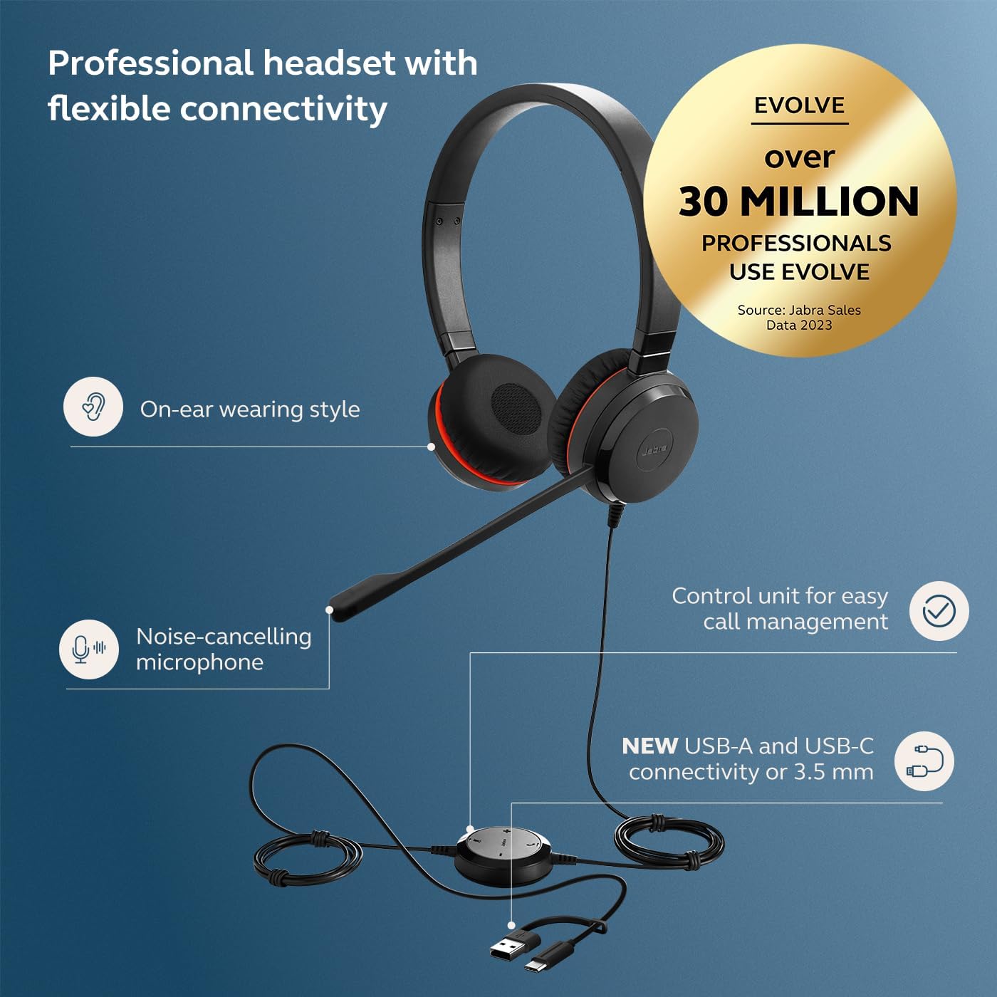 Jabra Evolve 30 II Wired Dual-Ear Headset with Mic for Work - 3.5mm Jack or USB-A/USB-C Connectivity, Computer Headset with Noise-Cancelling Microphone, Microsoft Teams Certified, Call Control – Black