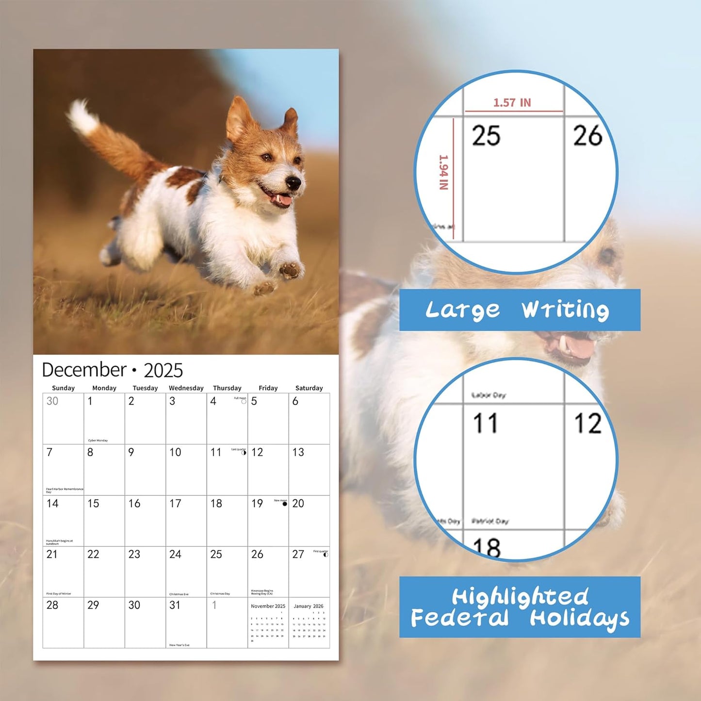 2026 Wall Calendar,Calendar 2026, November 2025 - December 2026, Wall Calendar Puppy Dog, 12" x 24" Opened,Full Page Months Thick & Sturdy Paper for Calendar Organizing & Planning